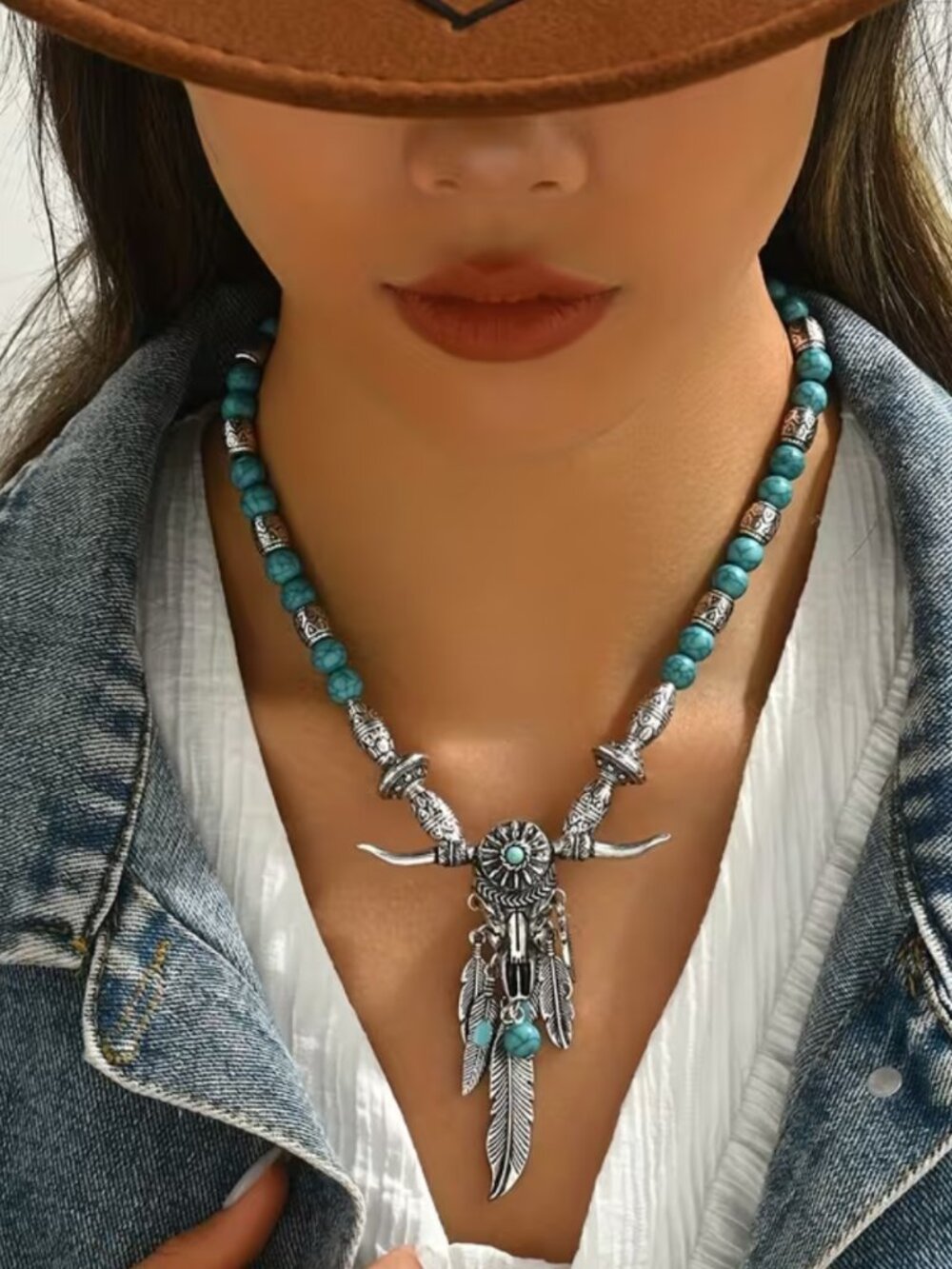 Boho Southwestern Vintage Bull Head Pendant Faux Turquoise Beaded Necklace